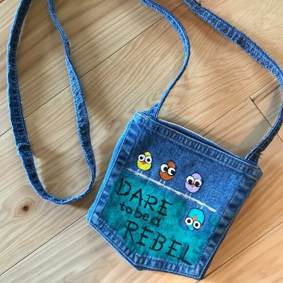Crossbody Jean Purse: Handmade Over Shoulder Cell Phone Bag, Whimsical Birds - Picture 9 of 11